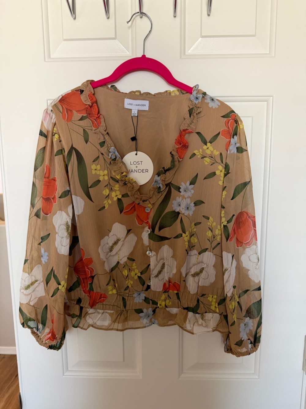 NWT Lost + Wander Tan Floral Ruffle V-Neck Blouse